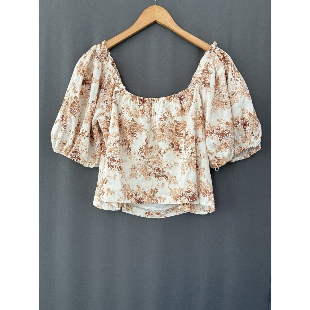 Abercrombie & Fitch Linen Cotton Off Shoulder Top Sz L Brown Floral Boho Cottage - Picture 6 of 11